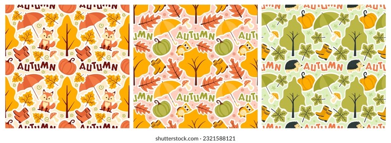 Set of Autumn Seamless Pattern Illustration Element Panoramic of Maple Trees Fallen in Cartoon Template Hand Drawn