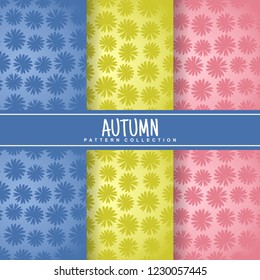 set autumn seamless pattern and label with flat fall floral and blossom flower in silhouette style. colorful background. Template for texture textile fabric design, wrapping paper, web page wallpaper