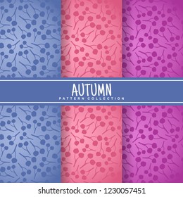 set autumn seamless pattern and label with flat fall twig cherry fruit in silhouette style. colorful background. Template for texture textile fabric design, wrapping paper, web page wallpaper