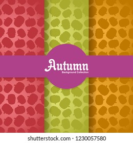 set autumn seamless pattern and label with fall pumpkin fruit in silhouette style. flat vector on colorful background. Template for texture textile fabric design, wrapping paper, web page wallpaper