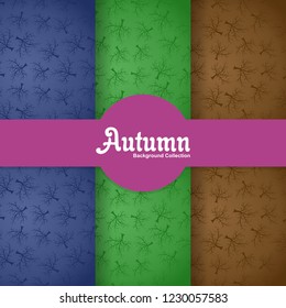 set autumn seamless pattern and label with fall tree horror in silhouette style. flat vector on colorful background. Template for texture textile fabric design, wrapping paper, web page wallpaper
