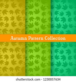 set autumn seamless pattern and label with flat fall marijuana maple leaves in silhouette style. colorful background. Template for texture textile fabric design, wrapping paper, web page wallpaper