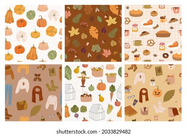 Set of Autumn seamless pattern with autumn leaf, pumpkin, cute things, seasonal food, home decor in Hygge style. Editable vector illustration.
