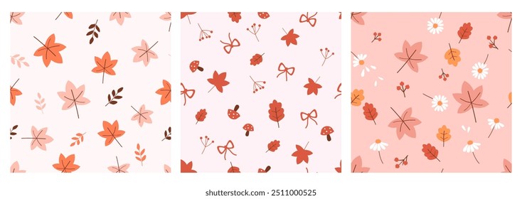 Set of Autumn seamless pattern with maple leaves, red berry branch, white flower, mushroom and ribbon bow on white and pink backgrounds vector.  