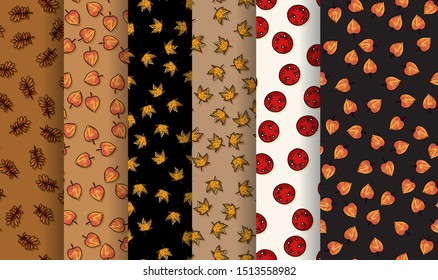 Set of autumn seamless patterns. Collection of leaves and fall elements decoration background tiles