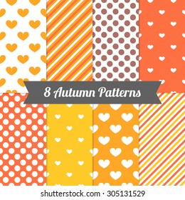 Set of Autumn Seamless Patterns with Diagonal Lines, Polka Dot and Hearts in Yellow, Orange, Deep Orange, Brown and White. Perfect for wallpapers, pattern fills, background, textile, greeting cards