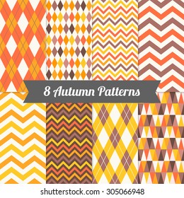 Set of Autumn Seamless Patterns with Harlequin, Chevron, Argyle and Triangles in Yellow, Orange, Deep Orange, Brown and White. Perfect for wallpapers, pattern fill, background, textile, greeting cards