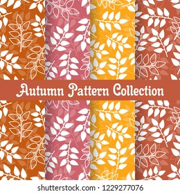 set autumn seamless patterns and label with fall branch leaf in white silhouette style design. flat vector objects on colorful background template collection. symbols and elements texture illustration