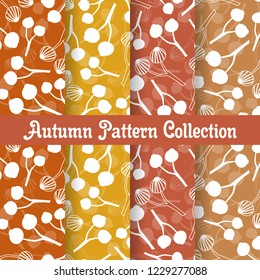 set autumn seamless patterns and label with fall berry fruit , branch tree and small leaf in white silhouette style design. flat vector objects on colorful background template collection.