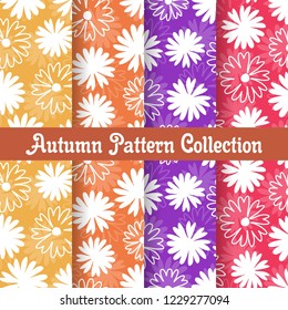 set autumn seamless patterns and label with fall blossom flower in white silhouette style design. flat vector objects on colorful background template collection. symbols and elements texture