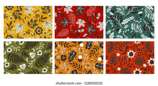 Conjunto de patrones de otoño sin costuras con hojas y bayas. Gráficos vectoriales.