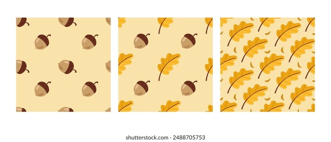 Conjunto de patrones sin costuras de otoño con hojas, bayas, flores. Vector gráfico.