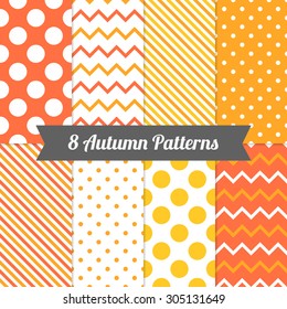 Set of Autumn Seamless Patterns with Polka Dot, Chevron and Diagonal Lines in Yellow, Orange, Deep Orange, Brown and White. Perfect for wallpapers, pattern fills, background, textile, greeting cards