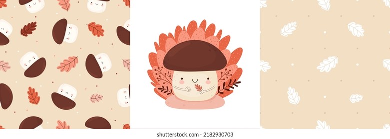 Set autumn seamless patterns   prints and cute mushrooms   autumn leaves