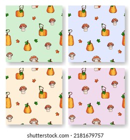 Un conjunto de otoño sin fisuras   patrones con calabazas y agarics de mosca para Acción de Gracias y Halloween. Ilustración vectorial brillante