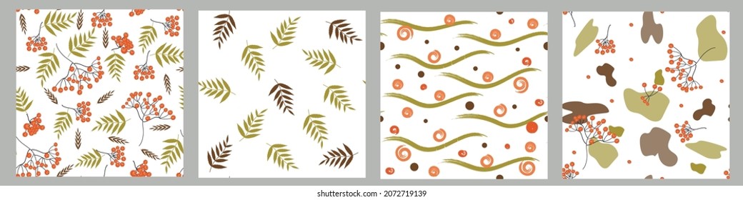 Conjunto de patrones de otoño sin costuras con bayas de rowan y hojas verdes sobre un fondo blanco. Diseño de vectores para papel, cubierta, tela, decoración interior y otros usuarios