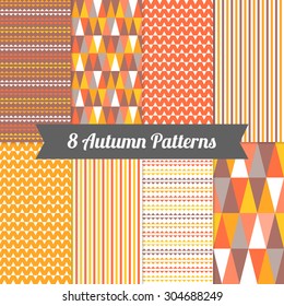 Set of Autumn Seamless Patterns with Stripes and Triangles in Yellow, Orange, Deep Orange, Brown and White. Perfect for wallpapers, pattern fills, background, textile, greeting cards