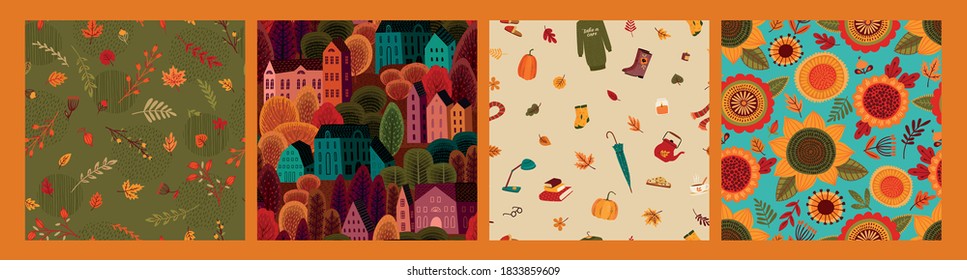 Set of Autumn seamless patterns. Vector design for card, poster, flyer, web and other users.