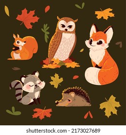 set of autumn season animals and leaves
