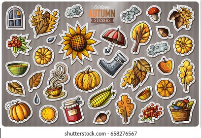 Set of Autumn season cartoon stickers. Vector hand drawn objects and symbols collection. Label design elements. Cute patches, pins, badges series. Comic style.