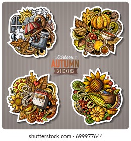 Set of Autumn season cartoon stickers. Vector hand drawn objects and symbols collection. Label design elements. Cute patches, pins, badges series. Comic style.