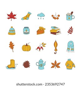 Set of autumn season elements. Fall collection: maple leaf, pumpkin, sweater, candle and other. Color vector illustration.