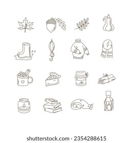 Set of autumn season elements. Fall collection: maple leaf, pumpkin, sweater, candle and other. Doodle vector illustration.