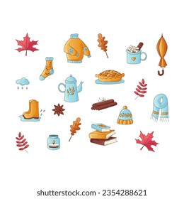 Set of autumn season elements. Fall collection: maple leaf, rubber boots, sweater, hot chocolate and pie, candle and other. Color vector illustration.