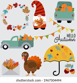 Set of autumn season elemnts, vector illustration