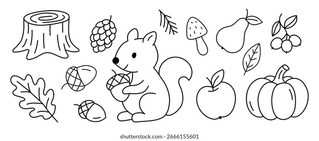 Set of autumn season forest elements isolated on white background for coloring book design. Simple doodle hand drawn style