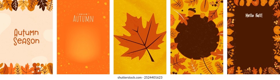 Set of Autumn Season Poster Cards with orange and red frames of illustrated leaves, and fall element decoration backgrounds. Autumnal design templates with copy space. Fall Advertising layout. Vector.