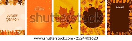 Set of Autumn Season Poster Cards with orange and red frames of illustrated leaves, and fall element decoration backgrounds. Autumnal design templates with copy space. Fall Advertising layout. Vector.