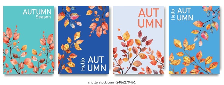 Set of Autumn Season Posters with Bright Falling Leaves. Contemporary art style. Perfect for Seasonal Promotions, Events, and Decor, Advertising, Web, Social media