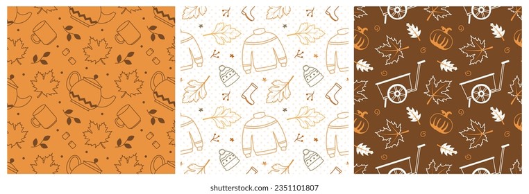 Set of Autumn Season Seamless Pattern Design with Fall Elements in Template Cartoon Flat Illustration