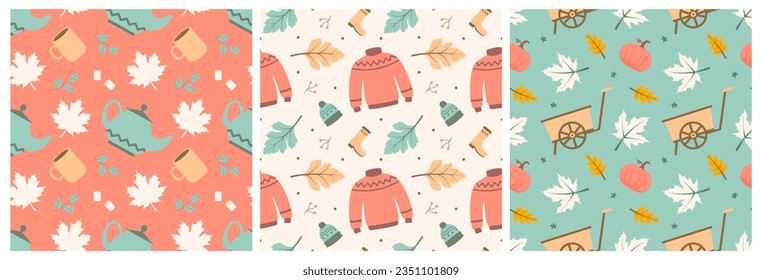 Set of Autumn Season Seamless Pattern Design with Fall Elements in Template Cartoon Flat Illustration