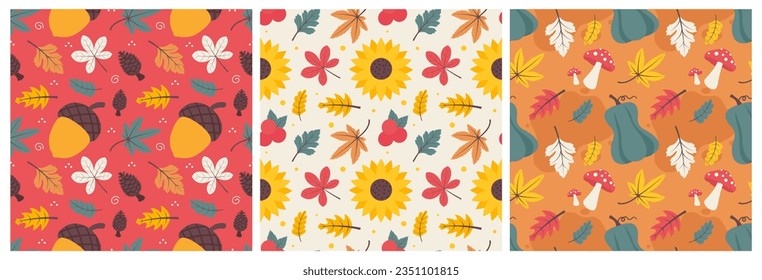 Set of Autumn Season Seamless Pattern Design with Fall Elements in Template Cartoon Flat Illustration