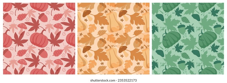 Set of Autumn Season Seamless Pattern Design with Fall Elements in Template Cartoon Flat Illustration