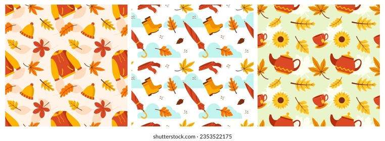 Set of Autumn Season Seamless Pattern Design with Fall Elements in Template Cartoon Flat Illustration
