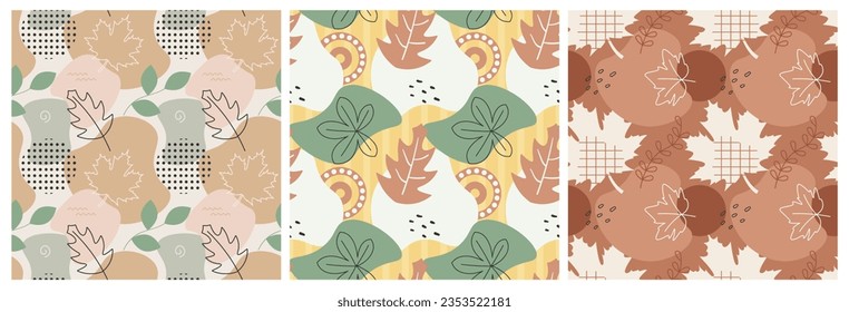 Set of Autumn Season Seamless Pattern Design with Fall Elements in Template Cartoon Flat Illustration