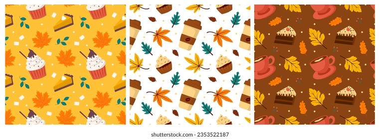 Set of Autumn Season Seamless Pattern Design with Fall Elements in Template Cartoon Flat Illustration