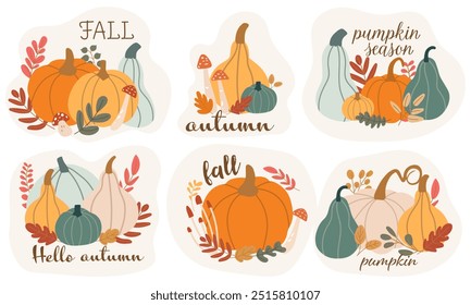 Set of autumn season stickers. Collection of fall harvest festival or thanksgiving elements. Color vector illustration.	