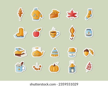 Set of autumn season stickers. Fall collection: maple leaf, pumpkin, sweater, candle and other. Color vector illustration.