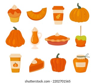 Set of autumn seasonal desserts: spicy coffee, pumpkin latte, cake, caramel apple, muffin, fruit jam. Autumn food and drinks isolated on white background. Collection of tasty sweet desserts.