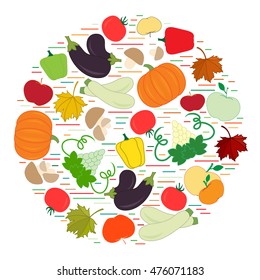 Set of autumn seasonal fruits and vegetables in circle. Tomato, pepper, grapes, zucchini, eggplant and other fall fruits and vegetables for announcement, advertisement, flyer or banner. 
