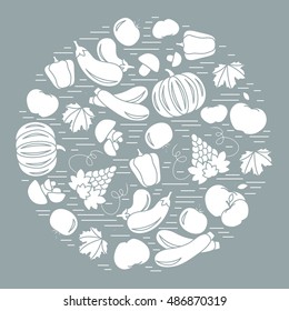 Set of autumn seasonal fruits and vegetables in circle. Tomato, pepper, grapes, zucchini and other fall fruits and vegetables for announcement, advertisement, flyer or banner. Vector illustration.