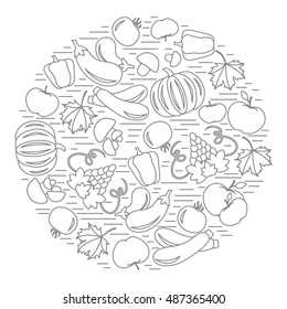Set of autumn seasonal fruits and vegetables in circle. Tomato, pepper, grapes, zucchini and other fall fruits and vegetables for announcement, advertisement, flyer or banner. Vector illustration.