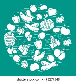 Set of autumn seasonal fruits and vegetables in circle. Tomato, pepper, grapes, zucchini and other fall fruits and vegetables for announcement, advertisement, flyer or banner. Vector illustration.