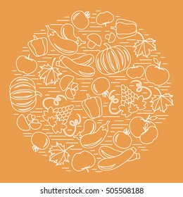 Set of autumn seasonal fruits and vegetables in circle. Tomato, pepper, grapes, zucchini and other fall fruits and vegetables for announcement, advertisement, flyer or banner. 