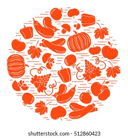 Set of autumn seasonal fruits and vegetables in circle. Tomato, pepper, grapes, zucchini and other fall fruits and vegetables for announcement, advertisement, flyer or banner. 