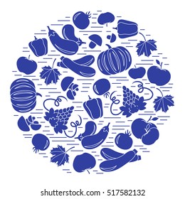 Set of autumn seasonal fruits and vegetables in circle. Tomato, pepper, grapes, zucchini and other fall fruits and vegetables for announcement, advertisement, flyer or banner. 